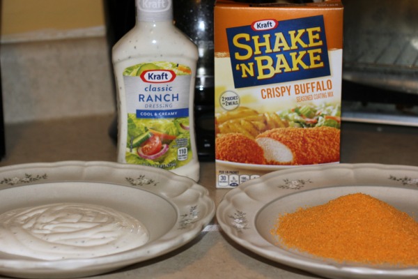 Dredge Chicken in Ranch dressing and then coat with shake and bake